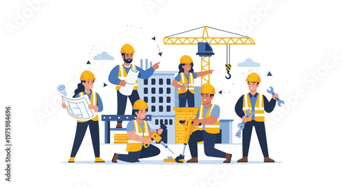 Construction workers and engineers on building site, professional industrial team in safety vests and hard hats, civil engineering project with crane and blueprints vector isolated PNG with