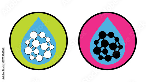 Two distinct colorful icons depicting a water droplet containing a molecular structure.