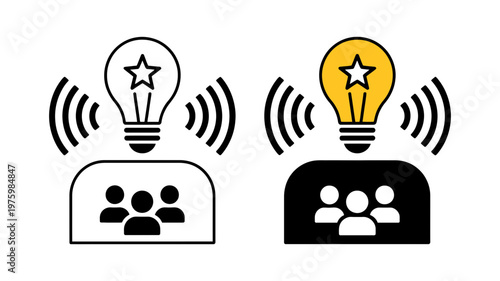A person with a shining star lightbulb above their head sharing ideas with a team.