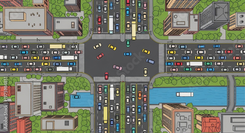 Aerial View of a Busy City Intersection with Heavy Traffic.
