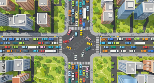 Aerial view of a busy city intersection with traffic.