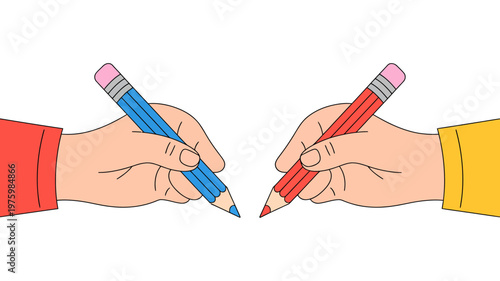 Two hands, one holding a blue pencil and the other a red pencil, appear ready to write.