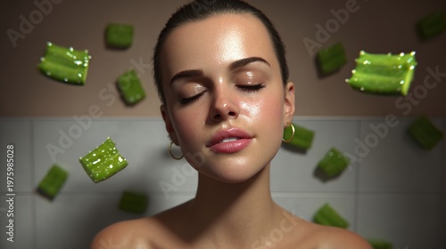 Serene Beauty Ritual: A captivating young woman embraces a moment of tranquility and self-care amidst falling aloe vera pieces, representing the essence of natural skincare and wellness.