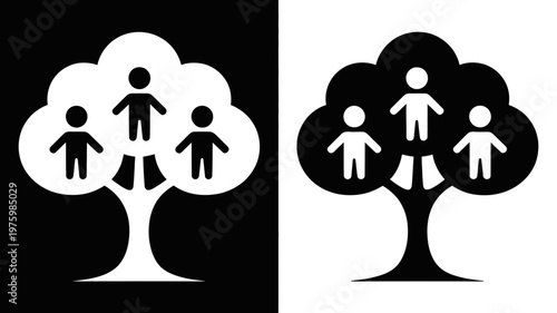 A clear black and white icon illustrating three human figures within a symbolic family tree structure.