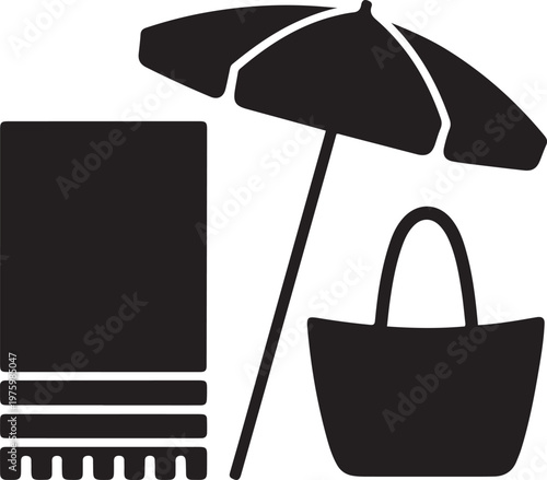 Beach Essentials Umbrella Towel Bag Summer Vacation Minimal Silhouette Design

