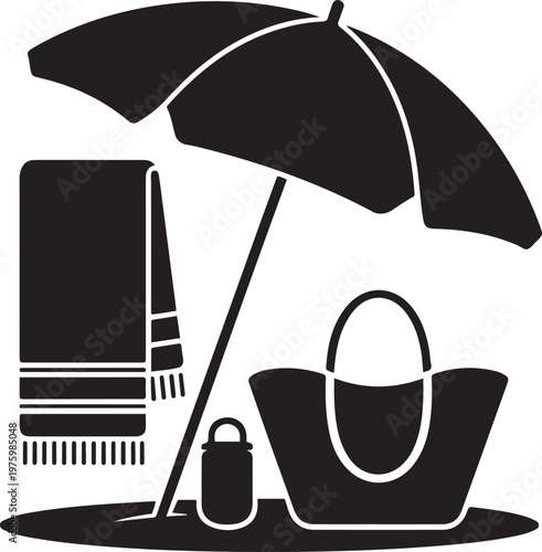 Beach Essentials Umbrella Towel Bag Summer Vacation Minimal Silhouette Design
