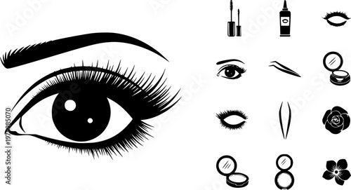 Beauty salon and eyelash extension cosmetics icon set featuring a simple black silhouette of a stylized eye with long fluffy lashes – Black and White Vector Illustration