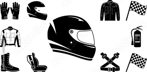 Motorsport safety equipment and professional racing driver gear icon set featuring a simple black silhouette of a streamlined racing helmet – Black and White Vector Illustration