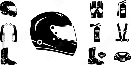 Motorsport safety equipment and professional racing driver gear icon set featuring a simple black silhouette of a streamlined racing helmet – Black and White Vector Illustration