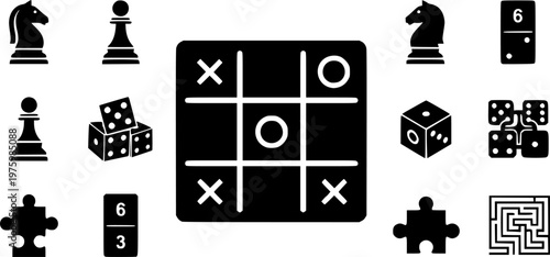 Classic board game and strategy puzzle icon set featuring a simple black silhouette of a tic tac toe grid with x and o shapes – Black and White Vector Illustration