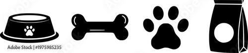 Animal care products and domestic pet nutrition icon set featuring simple black silhouettes of a food bowl, bone, paw print, and bag – Black and White Vector Illustration