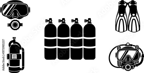 Scuba diving equipment and underwater exploration gear icon set featuring a simple black silhouette of four oxygen tanks in a row – Black and White Vector Illustration
