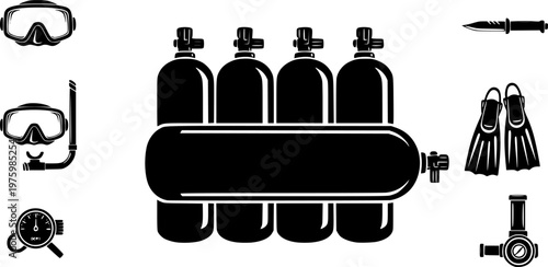 Scuba diving equipment and underwater exploration gear icon set featuring a simple black silhouette of four oxygen tanks in a row – Black and White Vector Illustration