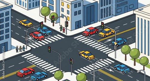 Pixel Art City Intersection with Cars and Pedestrians.