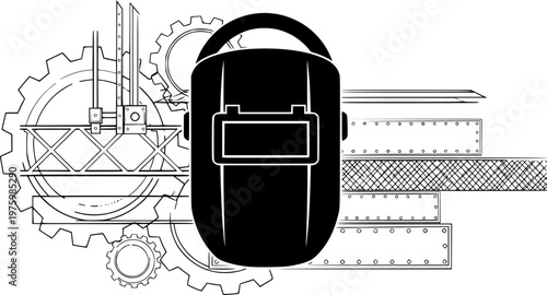 Industrial safety equipment and metalwork construction protection icon featuring a simple black silhouette of a professional welding mask – Black and White Vector Illustration