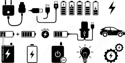 Charging icons including adapters battery and power indicators silhouette – Black Vector Illustration
