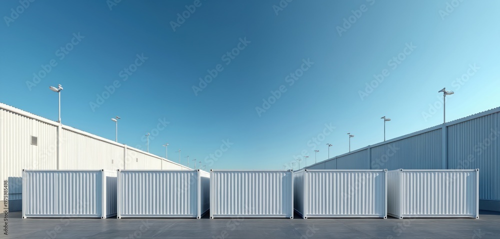 Fototapeta premium Modern battery storage containers sit outside industrial warehouse buildings. Clean energy tech infrastructure under clear blue sky. Advanced power solutions for grid.