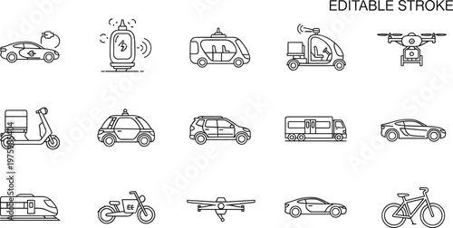 Editable stroke transportation icon set featuring car scooter drone train bicycle delivery vehicles for mobility logistics and smart transport design