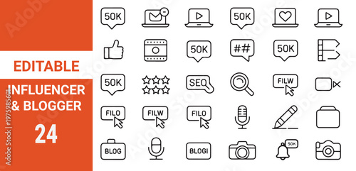 Influencer and blogging line icons collection. Big UI icon set in a flat design.