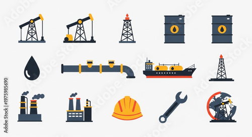 Oil and Gas Industry Icons Set - Extraction, Transportation, and Safety.