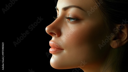 Serene Gaze: A close-up profile of a woman, radiating a sense of calm and gentle beauty, set against a dark backdrop. 