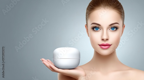 Skincare Icon: A portrait showcases a woman with captivating blue eyes, her radiant skin reflecting the essence of beauty, gently cradling a pristine cream jar.
