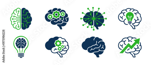 Human Brain Icon Set Artificial Intelligence and Technology Concepts for Business Growth Innovation Strategy Data Analysis Neural Network Digital Thinking Process Creative Mind Learning Education Symb