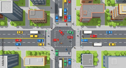 Aerial View of a Busy City Intersection with Traffic.