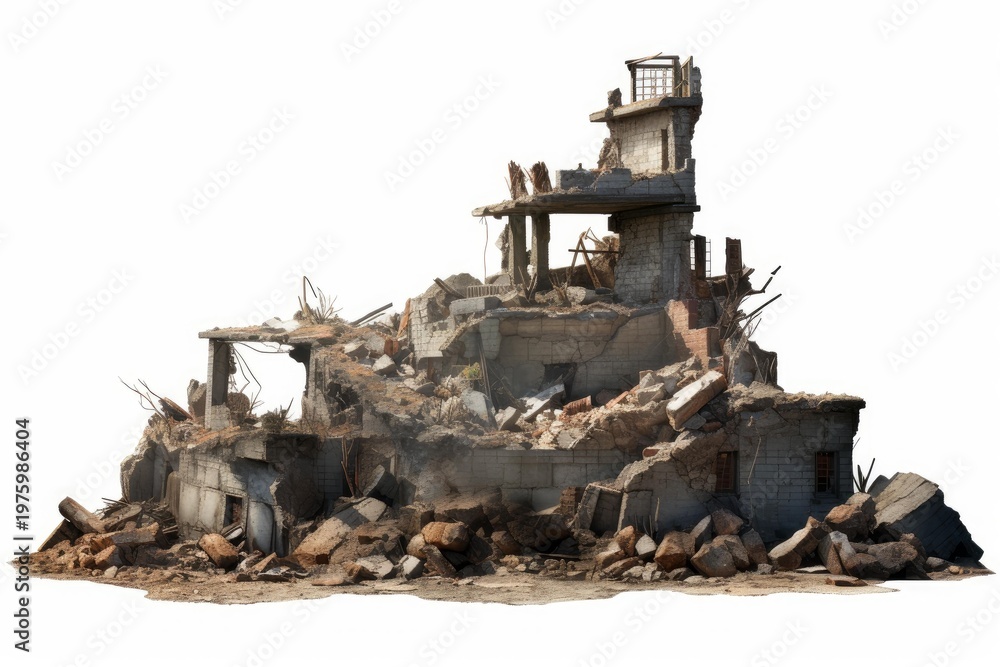 Fototapeta premium Destroyed building structure displaying extensive damage, debris, and rubble on a white background
