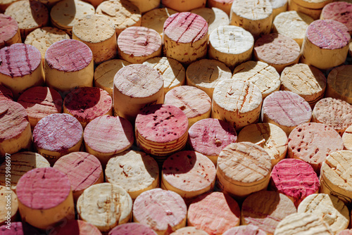 Foto Colored wine corks background of red, rose, white wine, natural texture used bottle stoppers repeat pattern