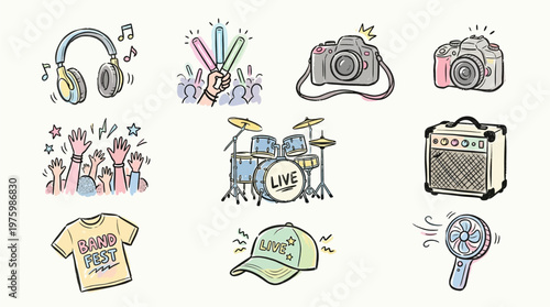 A collection of hand-drawn illustrations depicting various elements associated with live music performances and fan culture.
