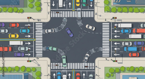 Aerial View of Busy City Intersection with Cars Turning.