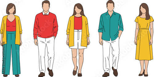 Diverse Group of People Wearing Stylish Casual Summer Outfits Standing and Walking Flat Vector Illustration of Men and Women Fashion