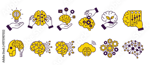 Artificial Intelligence Brain Icons Set for Digital Innovation and Machine Learning Technology Concepts. Vector line illustration collection of neural network, data processing, and human mind developm