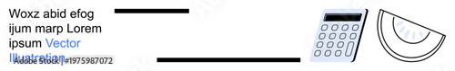 Business tools, education, mathematics, finance, abstract design, analysis. A calculator, aligned text elements and a semi-circular shape presented in alignment. Business tools and mathematics