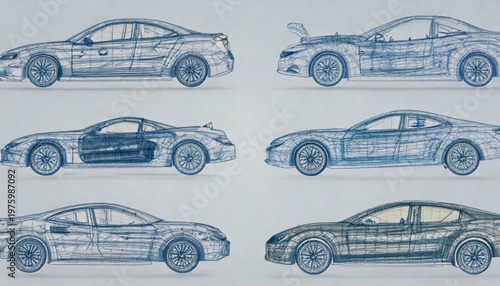 Set of six sports car sketches in blue ink on textured paper.