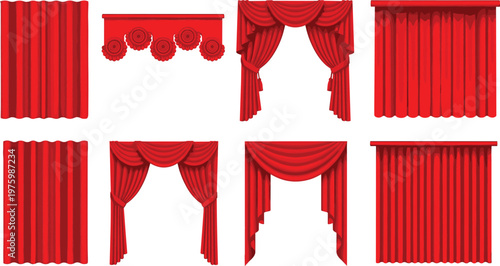 Red Curtain Vector Set with Theater Stage Drapes Luxury Window Treatments and Elegant Pelmets Isolated Icons for Interior Design Illustration