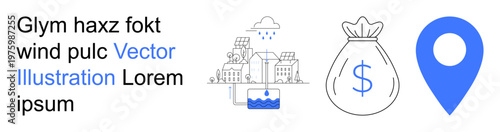 Urban development, financial planning, geolocation services, real estate, economic growth, city management. Cityscape, money bag and location marker. Urban development and financial planning