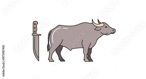 Gray bull standing next to a knife with a brown handle on a white background