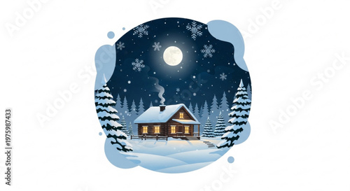 Cozy cabin in snowy forest at night with moonlight and snowflakes winter wonderland scene with warm lit house