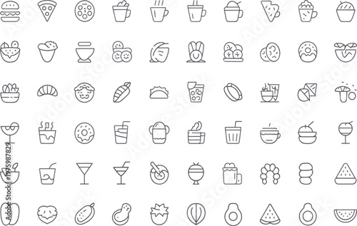 Food and beverage line icons set with snacks drinks desserts fruits and meal symbols vector illustration collection