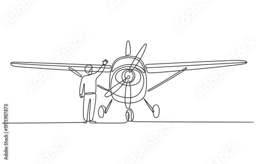 Pilot standing next to propeller plane with landing gear airplane aviation aircraft transport propeller fuselage aeroplane transportation airliner navigation