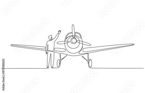 Person raising hand near airplane wing with landing gear airplane aviation aircraft transport propeller fuselage aeroplane transportation airliner navigation