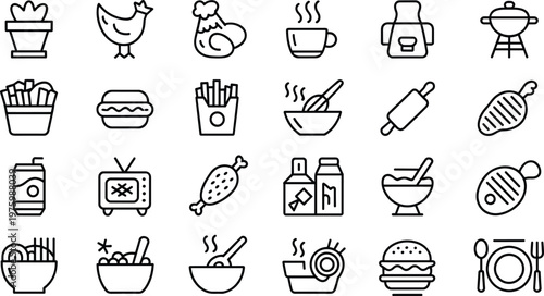 Food and cooking icons set with chicken fries burger drinks grill and kitchen elements line vector illustration collection
