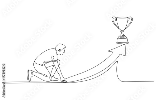 Athlete at starting blocks ready for race towards trophy on arrow with finish line art competition athletic champion achievement motivation challenge determination striving ambition
