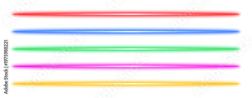 Luminous neon lines isolated, abstract glowing light lines, lights lines set in different colors, retro led neon lamp tube, glowing laser beams streaks on white background