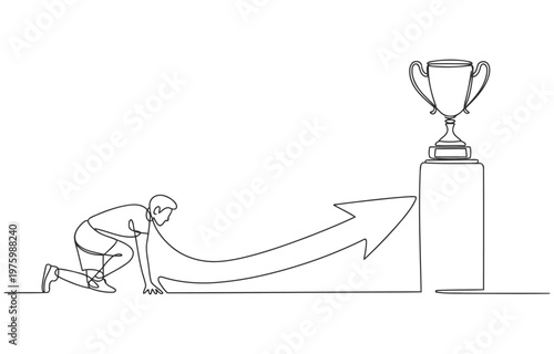 Athlete in starting position on path towards trophy on pedestal with finish line art pedestal competition athletic champion achievement motivation challenge determination striving