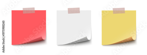 Sticky note with duct tape, post it note paper set, memo reminder, sticky paper note with clipping path and shadow isolated on transparent background