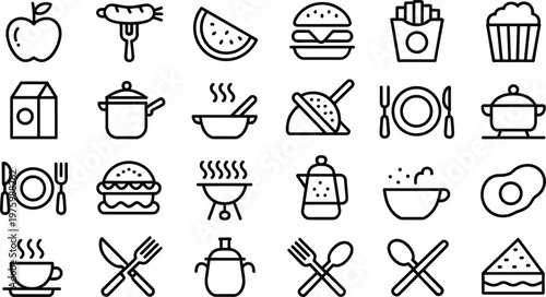 Food and cooking line icons set with burger fries pizza coffee utensils and kitchen elements vector illustration collection