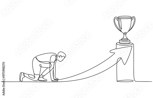 Athlete in starting position on path towards trophy on pedestal with finish line art pedestal competition athletic champion achievement motivation challenge determination striving